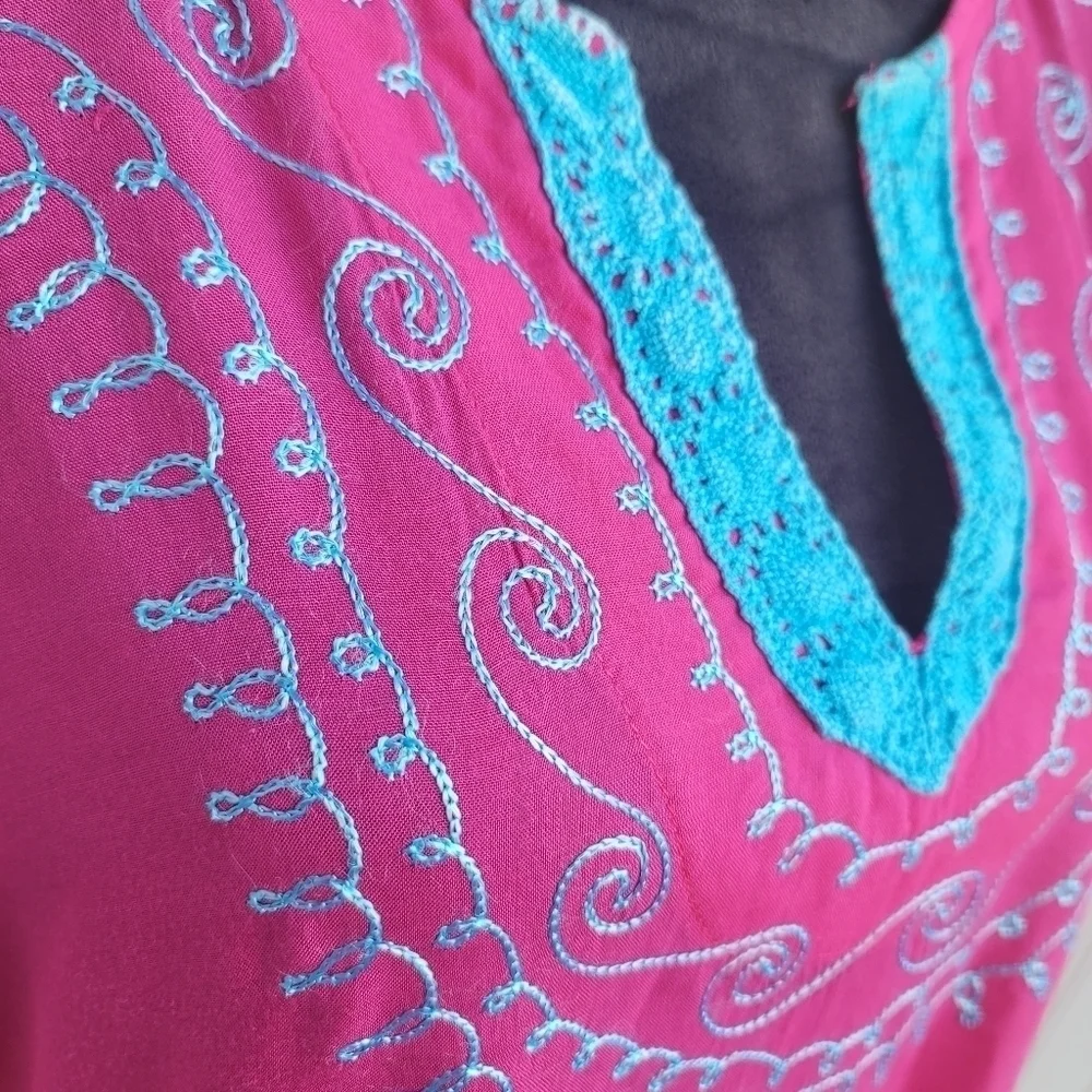Blue Island Beach Hot Pink Blue Dress Swim Cover Up Tassel Pom Crochet Sz M